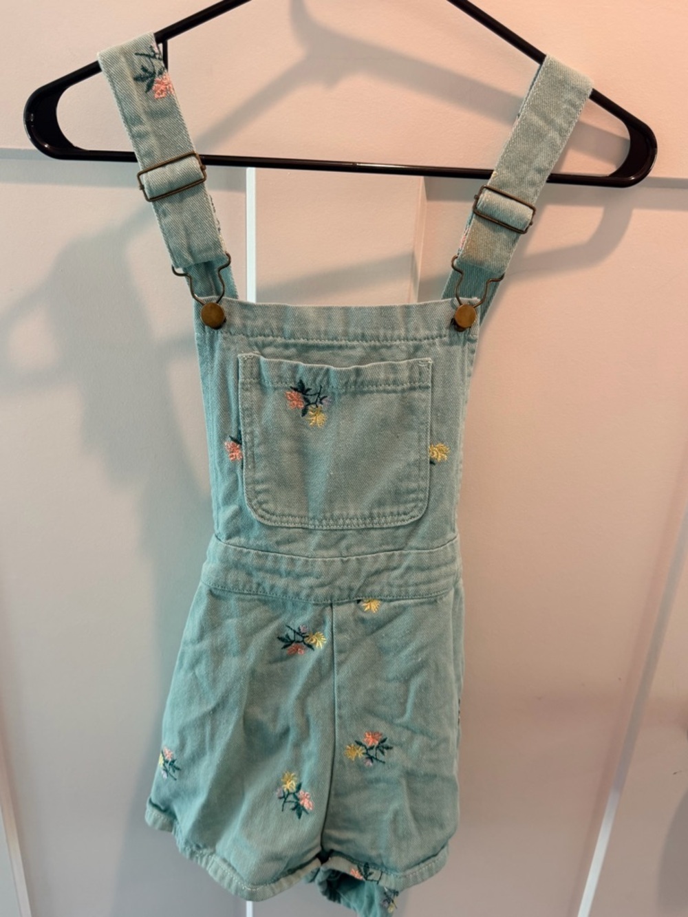 Cider Floral Embroidered Overall Romper Womens Small Denim Shortalls Adj Straps